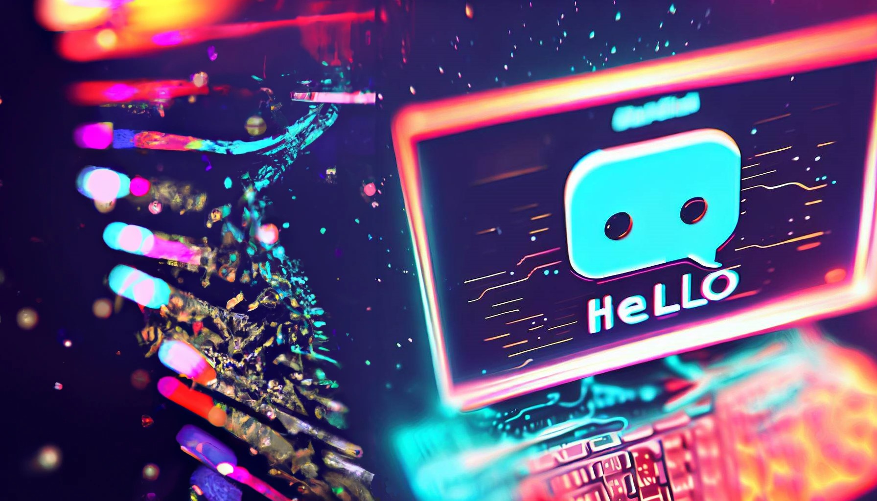Computer screen with a robot saying 'Hello.' The image is made up of a neon partical effect.